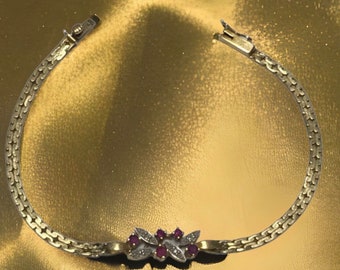 Vintage 14K Yellow Gold Ruby Diamond 7" Bracelet PRETTY!!