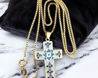 Vintage 14K Yellow Gold Large 1 1/2” Enamel Cross 17.75” Box Chain Necklace