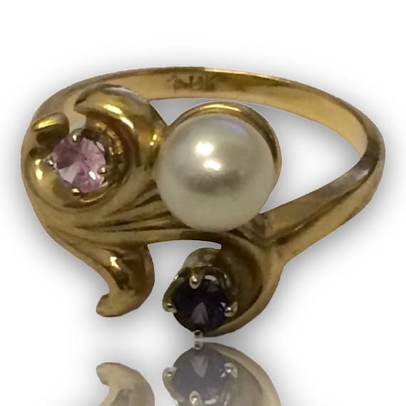 VINTAGE 70's 14K Yellow Gold Pearl Gemstones SWIR… - image 5