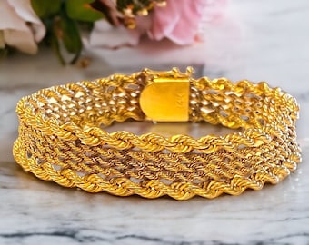 GORGEOUS 14k Solid Yellow Gold Heavy 10mm Fancy Rope 7” Vintage Bracelet!