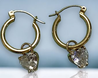 GORGEOUS 14K Yellow Gold Convertible Dangle Drop HEART Hoop Earrings!!