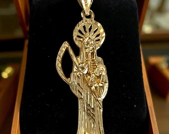 MENS 10k Yellow Gold Grim Reaper Santa Muerte Charm Pendant