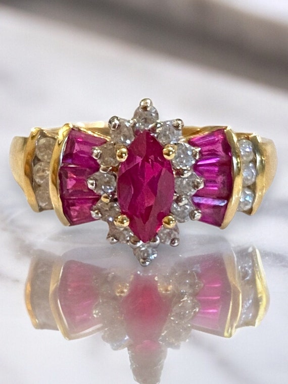 Estate 1980s 10K Yellow Gold Ruby and Diamond Stat