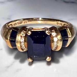 Vintage 10K Yellow Gold Emerald Cut Sapphire and Diamond Ring Size 7.25 BEAUTY!