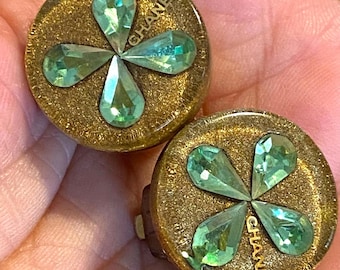 Estate Authentic CHANEL Green Clover Resin BUTTON Style Clip On Earrings
