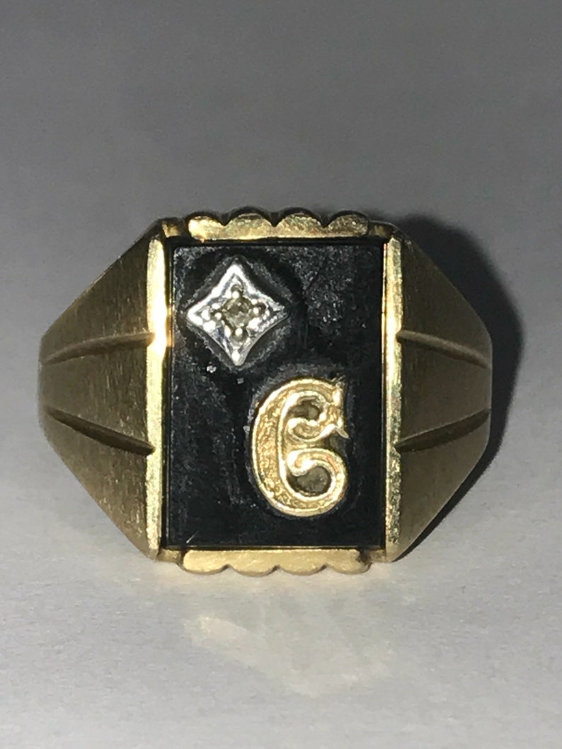 Vintage Mens Black ONYX DIAMOND C Initial RING 10K Etsy