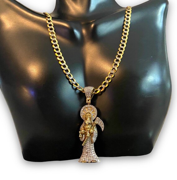 SOLID 14K Cuban Link 23 Chain Necklace DIAMOND Grim Reaper Santa