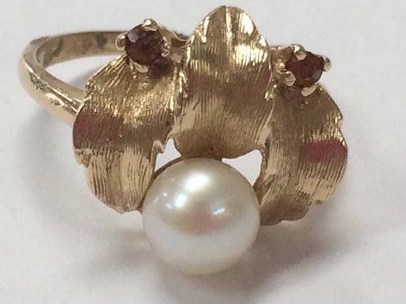 Vintage 14K Yellow Gold 6mm Pearl and Amber Ring S
