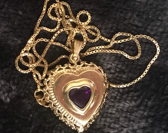 Gorgeous 14K Custom Vintage Amethyst Heart Locket 17” Box Chain Necklace!