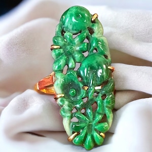 Rare Antique 1920’s 18k Yellow Gold Large Oval Carved Jade Flower Ring Size 5.25 GORGEOUS!
