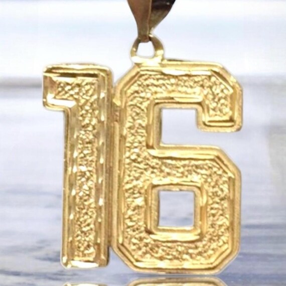 Vintage LARGE 14K Yellow Gold Diamond Cut Number “16" Sweet Birthday Charm Pendant View 5