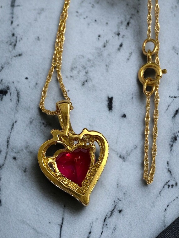 VINTAGE 10K Yellow Gold Ruby and Diamond Heart 18… - image 3