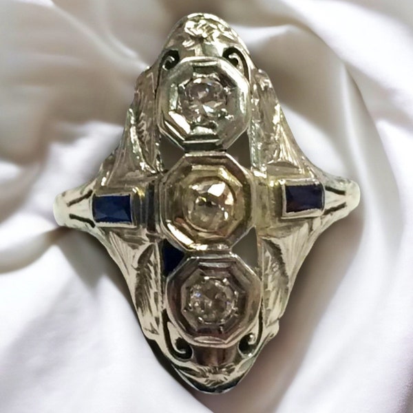 Vintage 1940's 14K White Gold .50CTW Diamond and Sapphire Ring Size 6.25