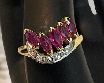 LOVELY Vintage 14k Yellow Gold .60 CTW Marquise Ruby and Diamond Ring Size 7