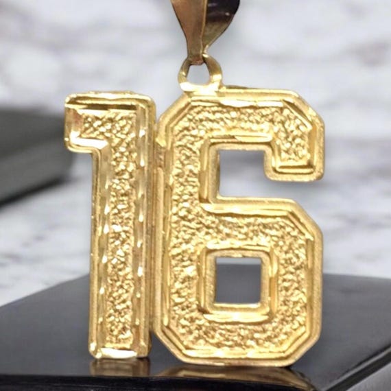 Vintage LARGE 14K Yellow Gold Diamond Cut Number “16" Sweet Birthday Charm Pendant View 3