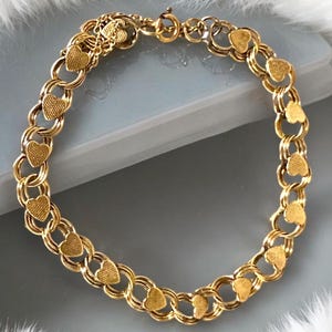 Unique VINTAGE 14K Yellow Gold 7mm Heart Charm 7” Bracelet BEAUTIFUL!