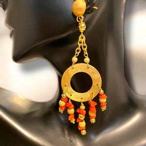 Elegant Estate 14k Italian Yellow Gold CORAL Chandelier Dangle 3” Earrings!
