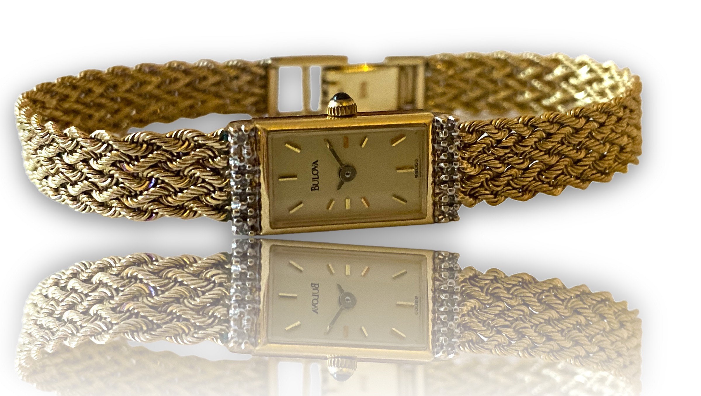 Vintage BULOVA Solid 14k Yellow Gold Diamond Bezel Weaved Rope