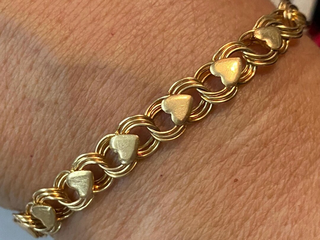 Unique VINTAGE 14K Yellow Gold 6mm Heart Charm 8” Bracelet With