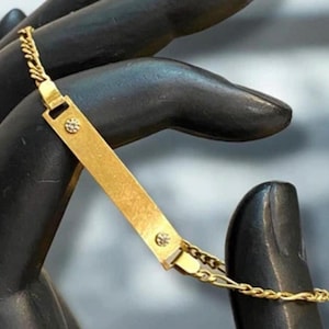 Vintage 14k Yellow Gold Diamond Accent 7” BAR ID 2mm Figaro Chain Bracelet!