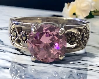 Gorgeous Vintage Sterling Silver Pink Sapphire Stone Solitaire Band Ring Size 5.75