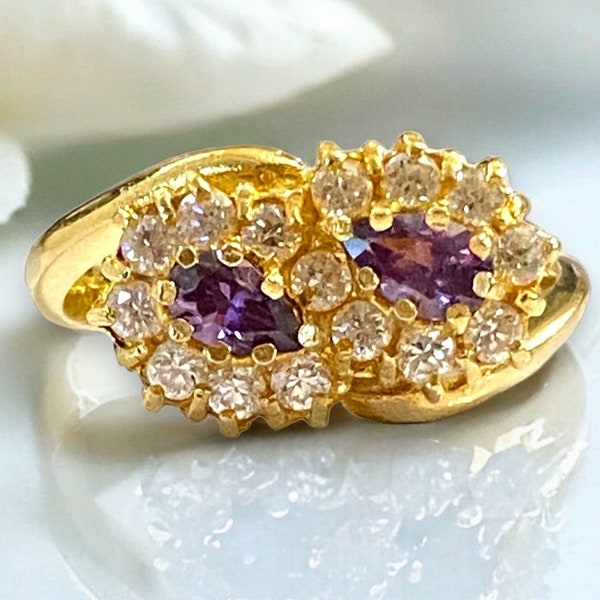 STUNNING Estate 14K Gold Pear Double Amethyst Halo Statement Ring Size 7.5!