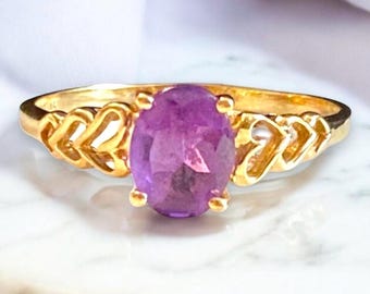 Vintage 14K Yellow Gold Amethyst Filagree Heart Band Ring Size 13 GORGEOUS