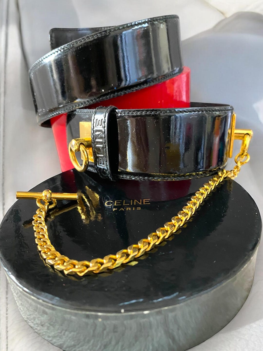 正規品 Authentic Buckle Gold Leather Patent Black Vintage Celine 小物