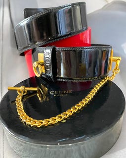 Authentic Celine Vintage Black Patent Leather Gold Buckle Chain