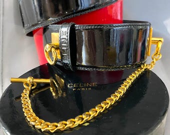 Authentic Celine Vintage Black Patent Leather Gold Buckle