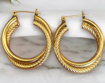 ■VINTAGE HOLLYWOOD■ Triple Mix Ring Earrings VH249OEA009M Vintage 14k Yellow Gold Large Triple Twist Style Hoop
