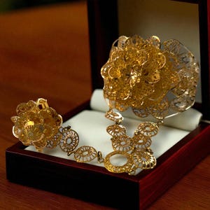 May include: A gold-colored jewelry set, including a ring and a necklace, displayed in a red jewelry box. The ring and necklace feature intricate floral and circular openwork designs. The jewelry is presented on a white satin interior.