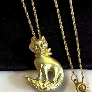 VINTAGE 14K Yellow Gold Large CAT Charm Pendant 16” Rope Chain Necklace!