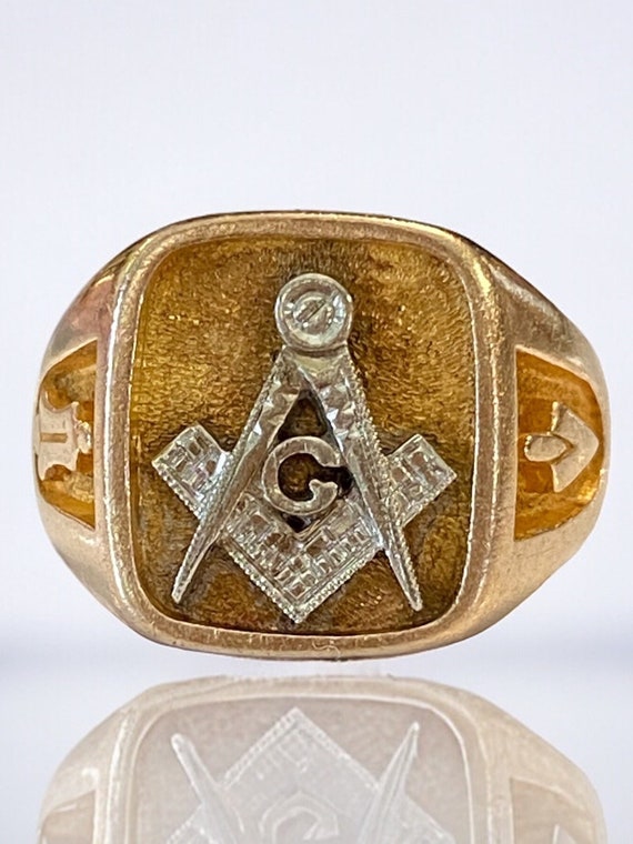 Vintage MENS MASONIC 10K Two Tone Gold Ring Size … - image 5