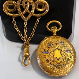 Antique Solid 18k Yellow Gold Enamel Detail REMONTOIR 10 Rubies Pocket Watch with Dog Clip Watch Chain Pin!!