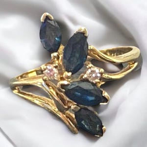 Estate 14k Yellow Plumb Gold Marquise Sapphire Diamond Ring Size 6.25