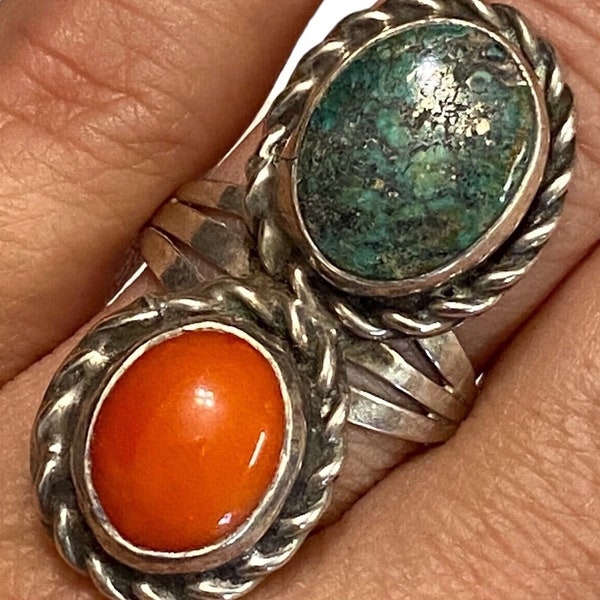 Vintage XL Navajo Sterling Silver 925 Coral and Turquoise Nugget Ring Size 7.25