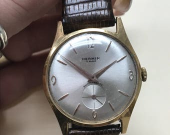 VINTAGE 18K Yellow Gold Hermin Date Wrist Watch MINT!!