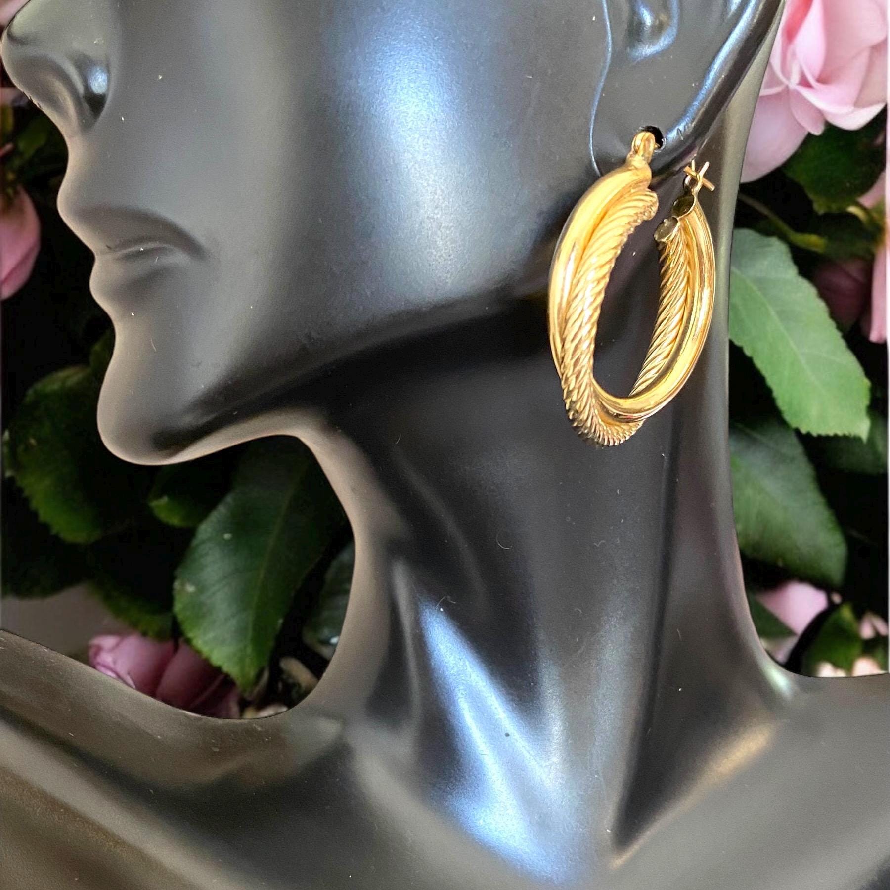 ■VINTAGE HOLLYWOOD■ Triple Mix Ring Earrings VH249OEA009M Vintage 14k Yellow Gold Large Triple Twist Style Hoop