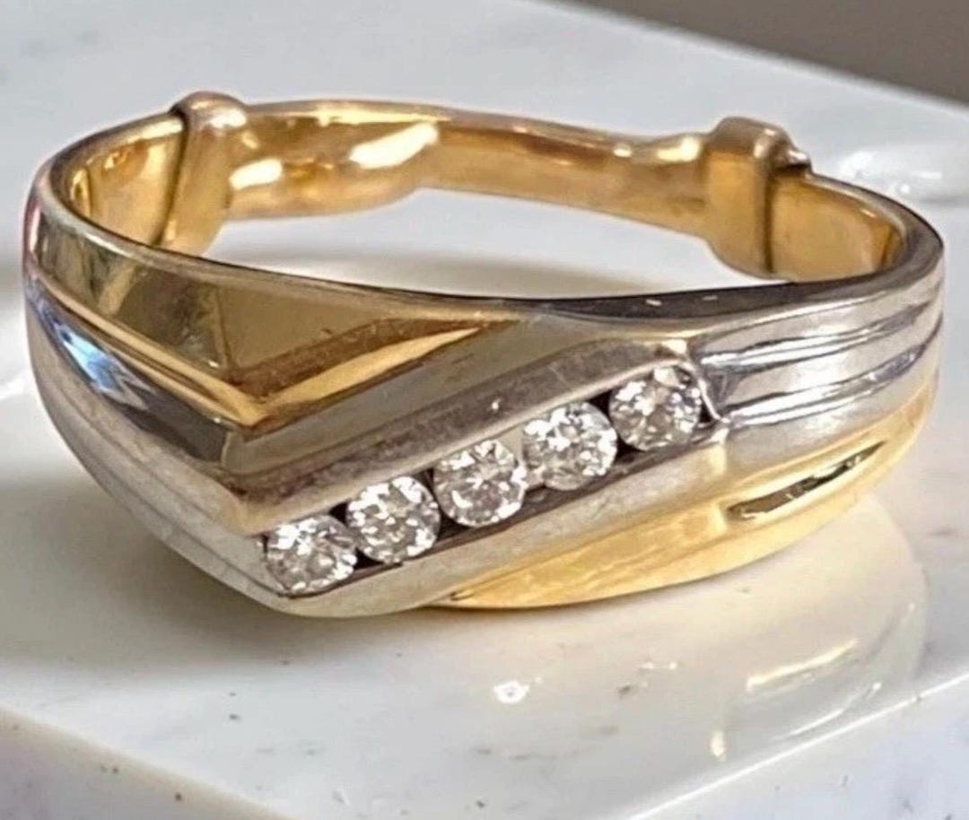 Vintage MENS 14k Two Tone Gold 5 Diamond Wedding Band Ring Size 12 - Etsy