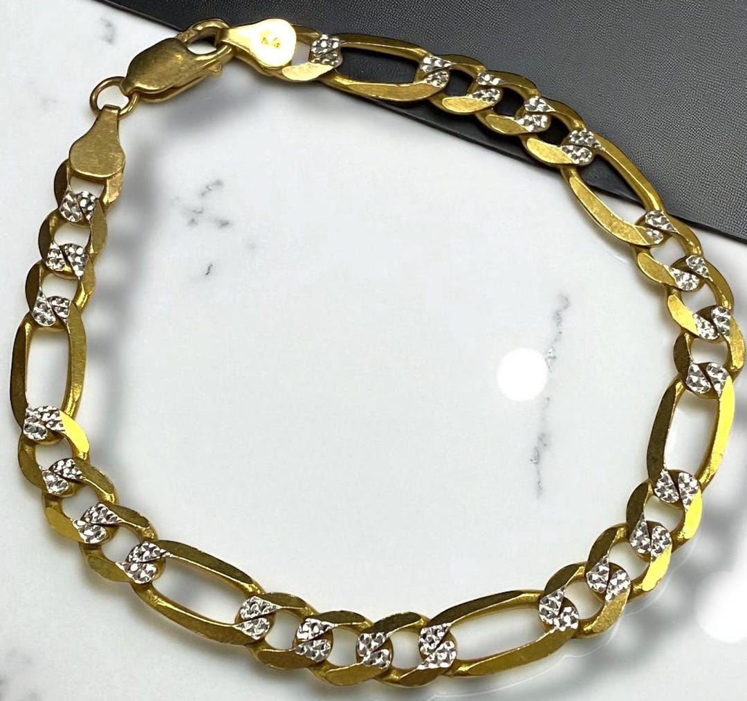 MENS Fancy 14k SOLID Yellow Gold Diamond Cut 7mm Wide FIGARO Chain