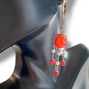 GORGEOUS 18k Gold CORAL Diamond Pearl Dangle Drop Leverback Earrings!