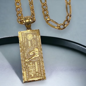Large 10K Yellow Gold MONEY BILLS Hip Hop Charm Pendant 20” Figaro Necklace!