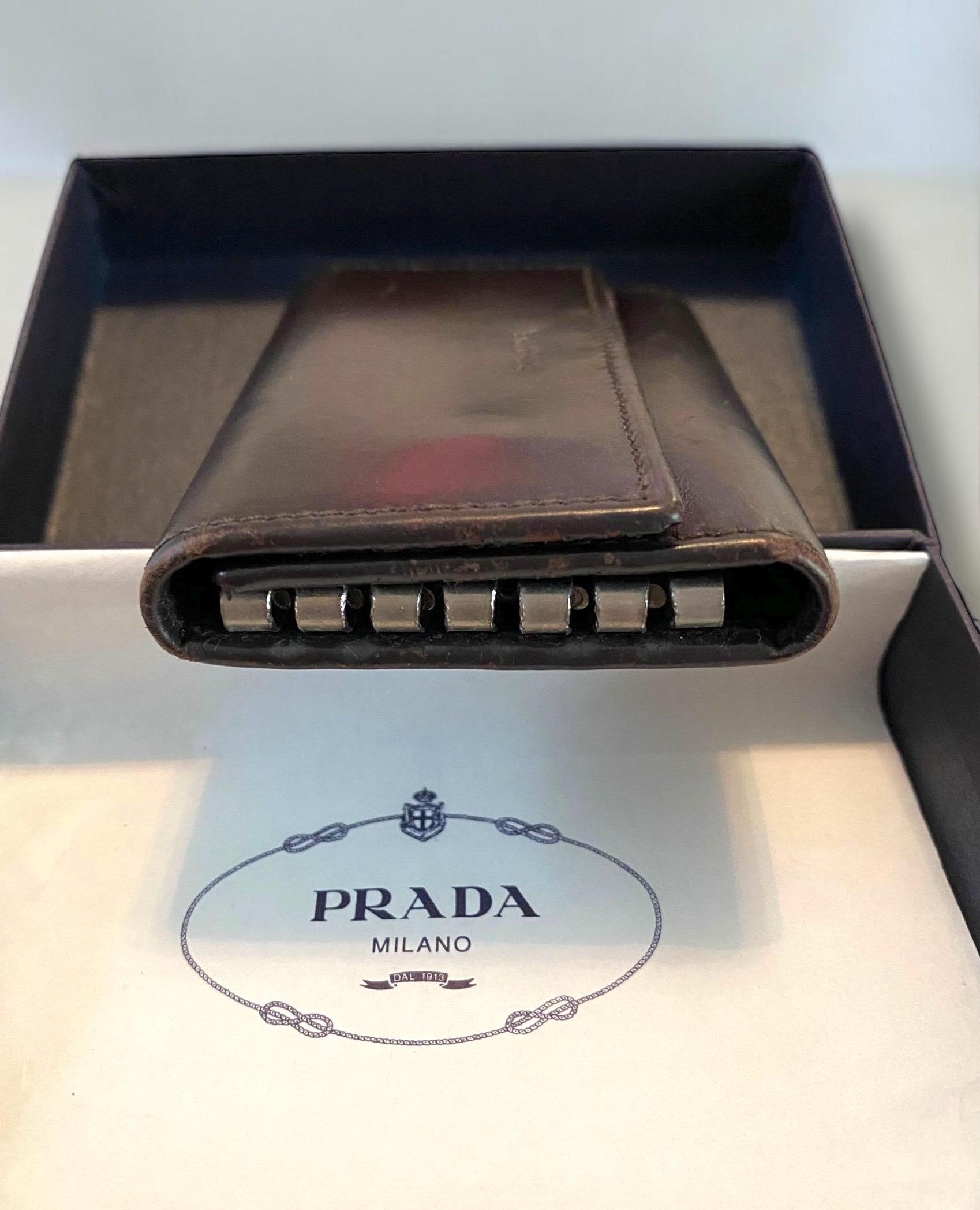 Vintage Authentic Prada Black Leather Key Holder Snap Close W/box