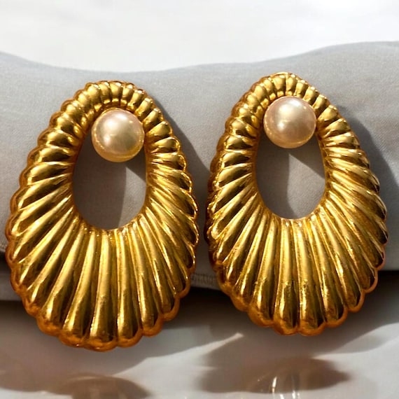 Vintage Italy 14K Yellow Gold Large Convertible BOLD 6mm Pearl Earrings!!