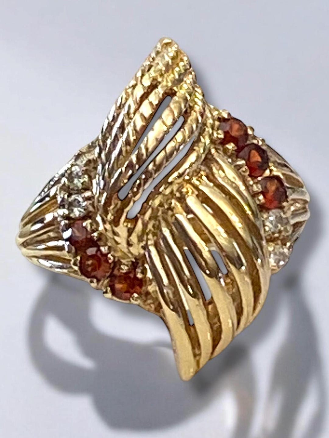 Vintage Estate 14K Yellow Gold GARNET and Diamond COCKTAIL RING Size 5. ...