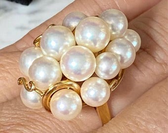 BEAUTIFUL ESTATE Heavy Solid 14K Yellow Gold Pearl Statement Cluster Ring Size 6.25