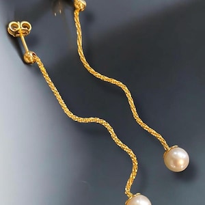 Estate 14K Gold 7mm Pearl Chain Dangle Pierced 2.5” Earrings GORGEOUS!