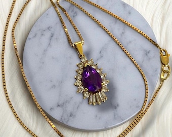 Estate 18k Gold Amethyst Diamond Pendant on a 14k Gold 20” Box Chain Necklace!