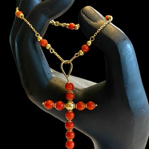 Stunning Estate 14K Yellow Gold Coral Cross Pendant Bead Chain Link 7” Bracelet!!